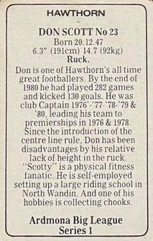 1981 Ardmona Big League Series 1 Hawthorn Hawks (VFL) #NNO Don Scott Back